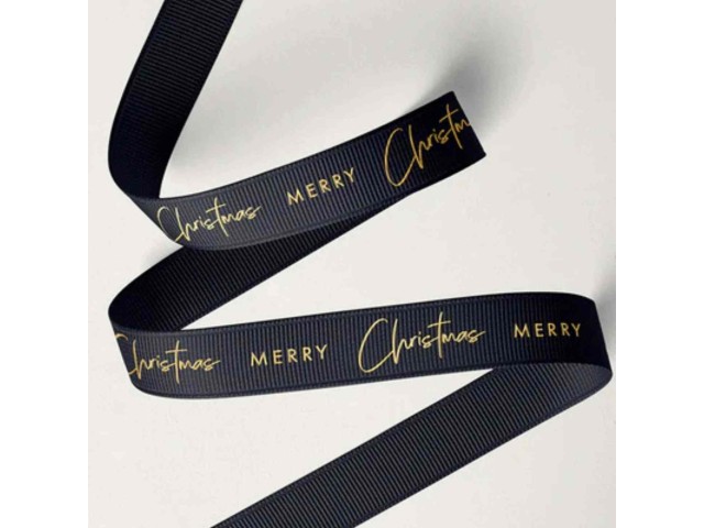 16mm Merry Xmas Ribbon Gold On Black